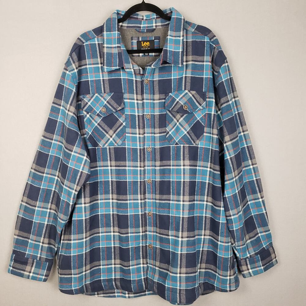 Lee Mens XXL Regular Fit Flannel Shacket Blue Cotton Plaid Classic Fall Workwear - Picture 1 of 9